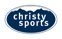 Logo for Christy Sports featuring white text on a dark blue oval background with a mountain silhouette at the top, all outlined in white.