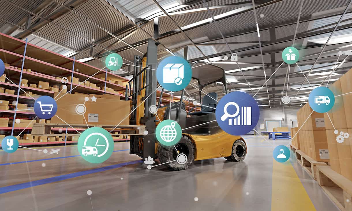 A warehouse with shelves and boxes, a forklift in the center, and digital logistics, analytics, and shipping icons connected by lines overlaying the image, representing supply chain management technology.