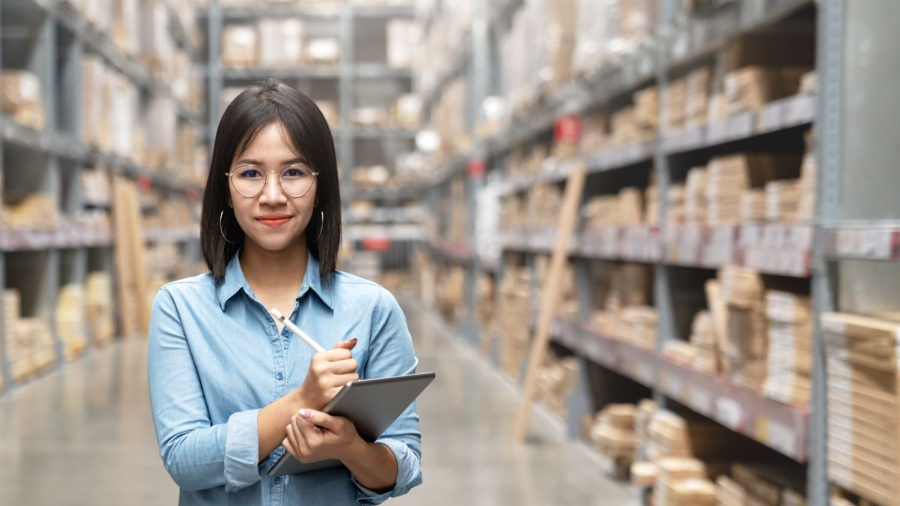 a lady in a warehouse