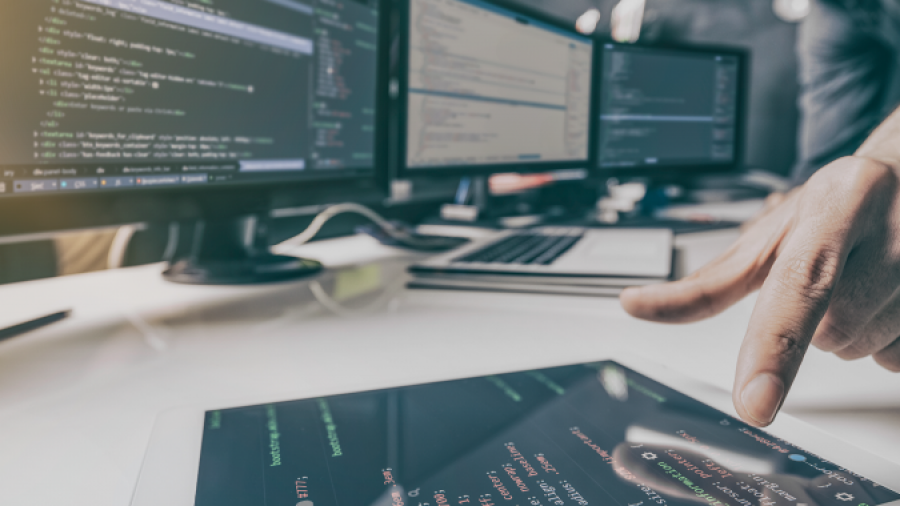 A consultant works on supply chain software implementation.