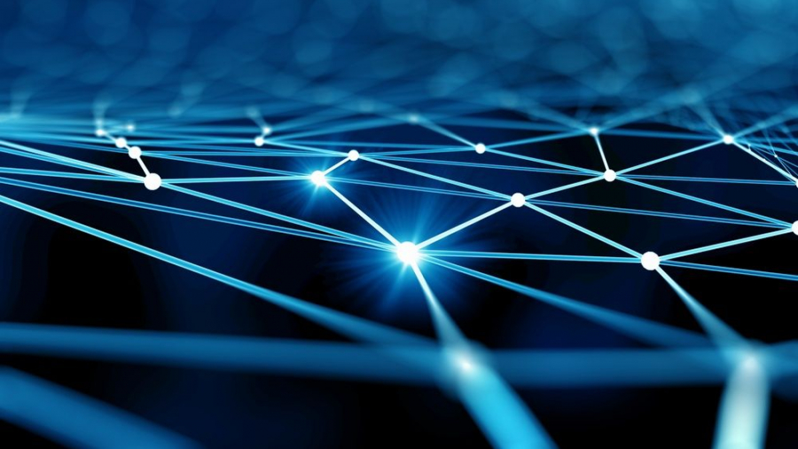 Blue virtual technology background with lines and grids