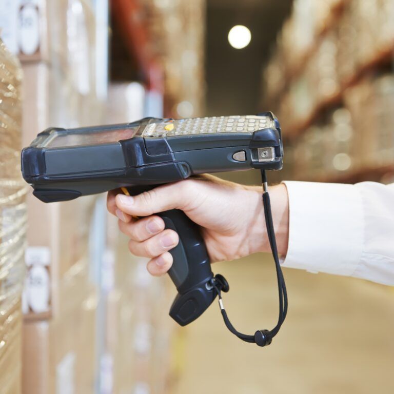 A barcode being scanned on a package