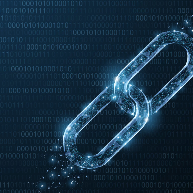 A glowing digital chain link made of light particles appears over a background of binary code, symbolizing blockchain or digital security concepts.