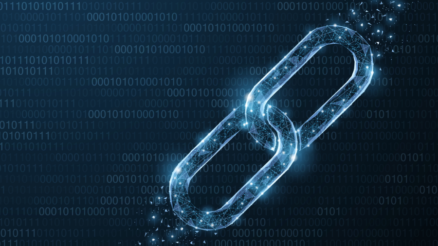 A glowing digital chain link made of light particles appears over a background of binary code, symbolizing blockchain or digital security concepts.