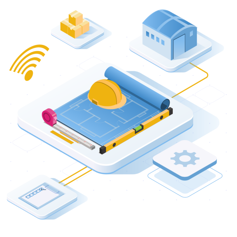 Warehouse management systems illustration with a general contractor hat.