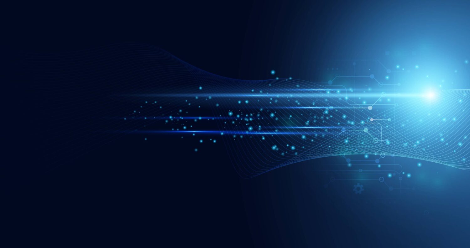 Abstract digital background with blue light streaks, glowing particles, and circuit-like patterns radiating from a bright light source on the right, set against a dark blue backdrop—perfect for illustrating innovative technology solutions.