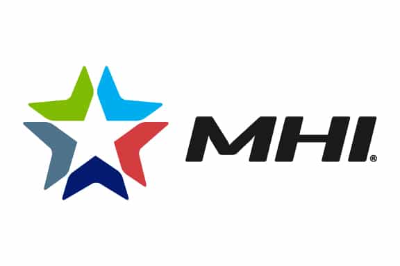 Logo with a five-pointed star made of blue, red, green, and gray segments next to the bold black letters “MHI” on a white background.