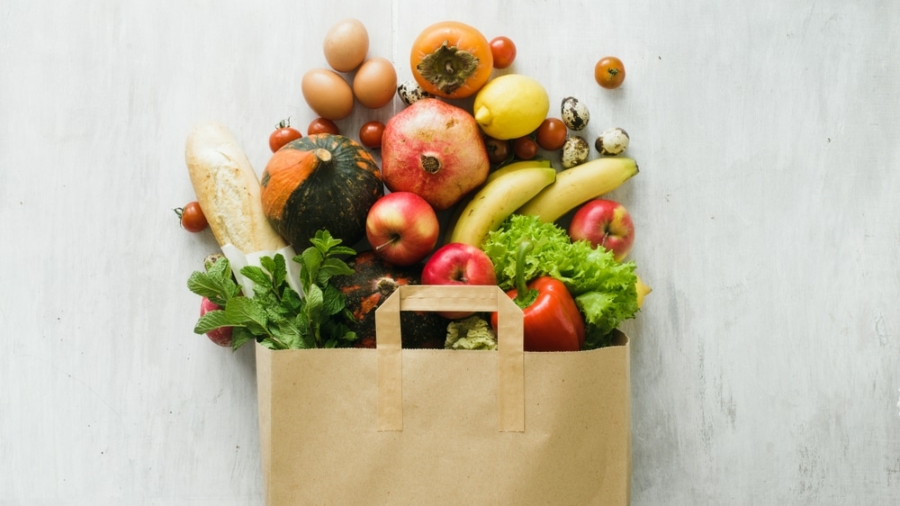 Paper,Bag,Of,Different,Health,Food,On,White,Wooden,Background.