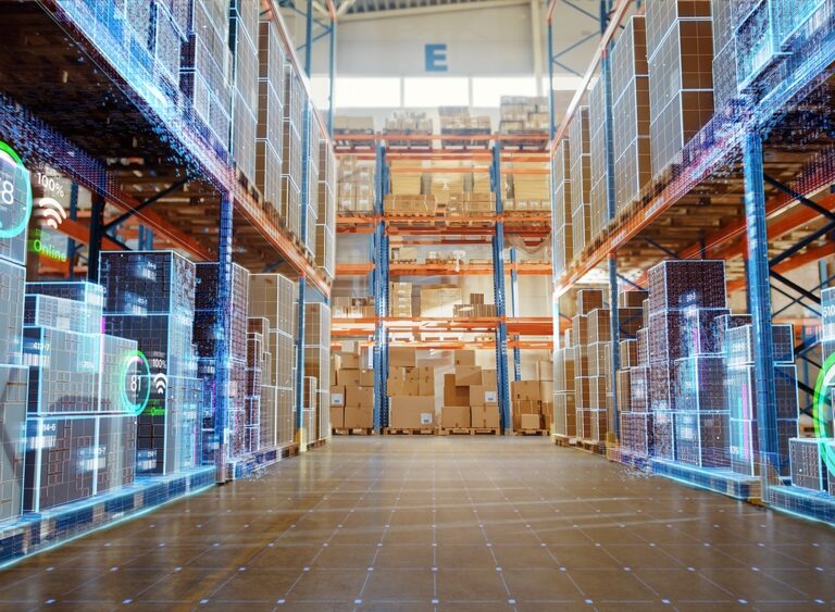 A modern warehouse with tall shelves full of boxes and digital data graphics overlaying the scene, displaying statistics and analytics representing inventory, supply chain management, and advanced warehouse automation.
