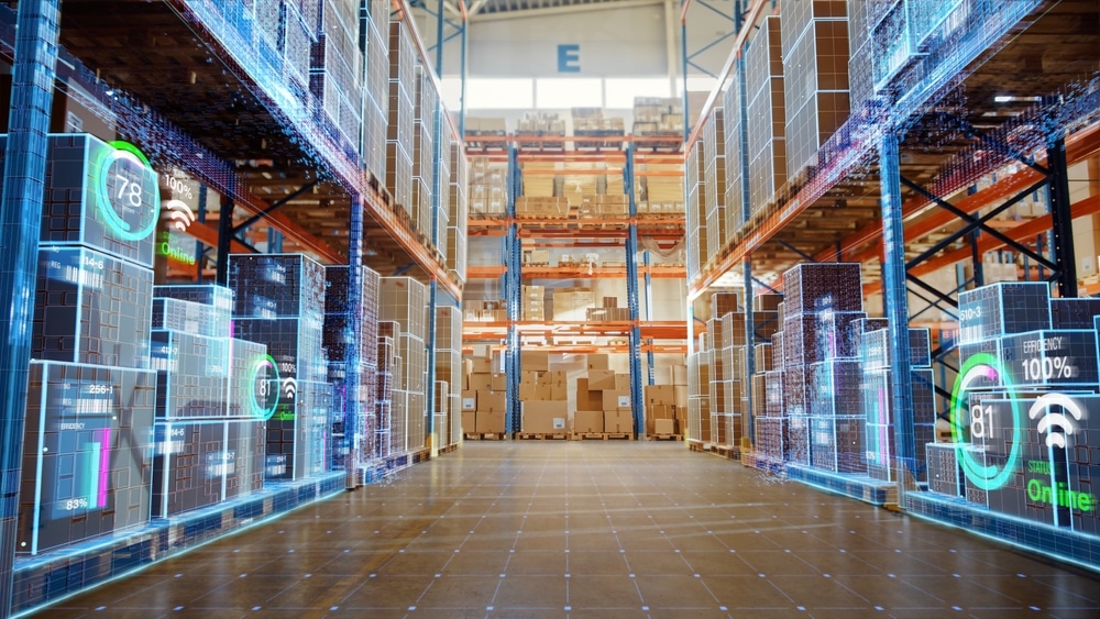 A modern warehouse with tall shelves full of boxes and digital data graphics overlaying the scene, displaying statistics and analytics representing inventory, supply chain management, and advanced warehouse automation.
