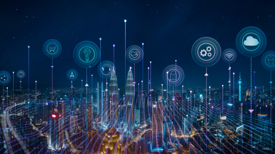 Panorama,Aerial,View,In,The,Cityscape,Skyline,With,Smart,Services