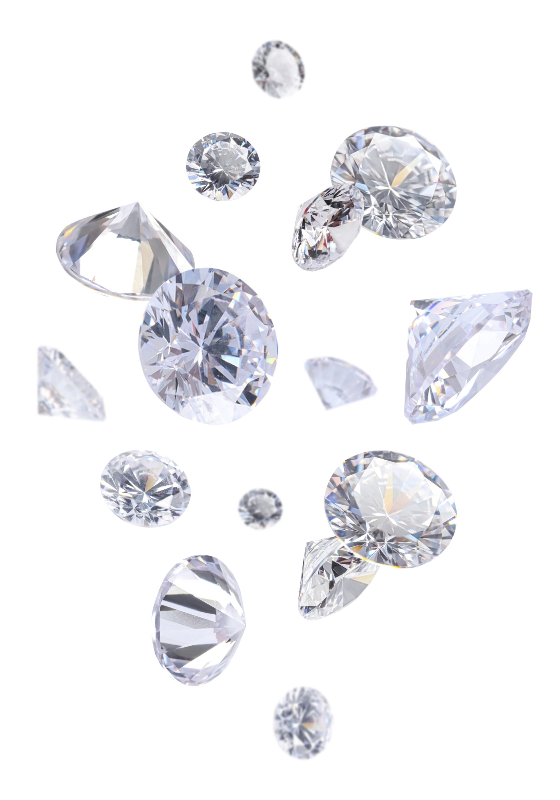 Several sparkling, faceted diamonds of various sizes appear to be floating or falling against a white background, shimmering with elegance beyond any tariff.