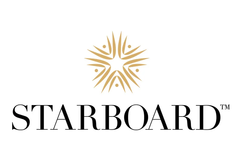 The image shows a gold starburst design above the word STARBOARD™ in bold, elegant black capital letters on a white background, evoking excellence in retail solutions.