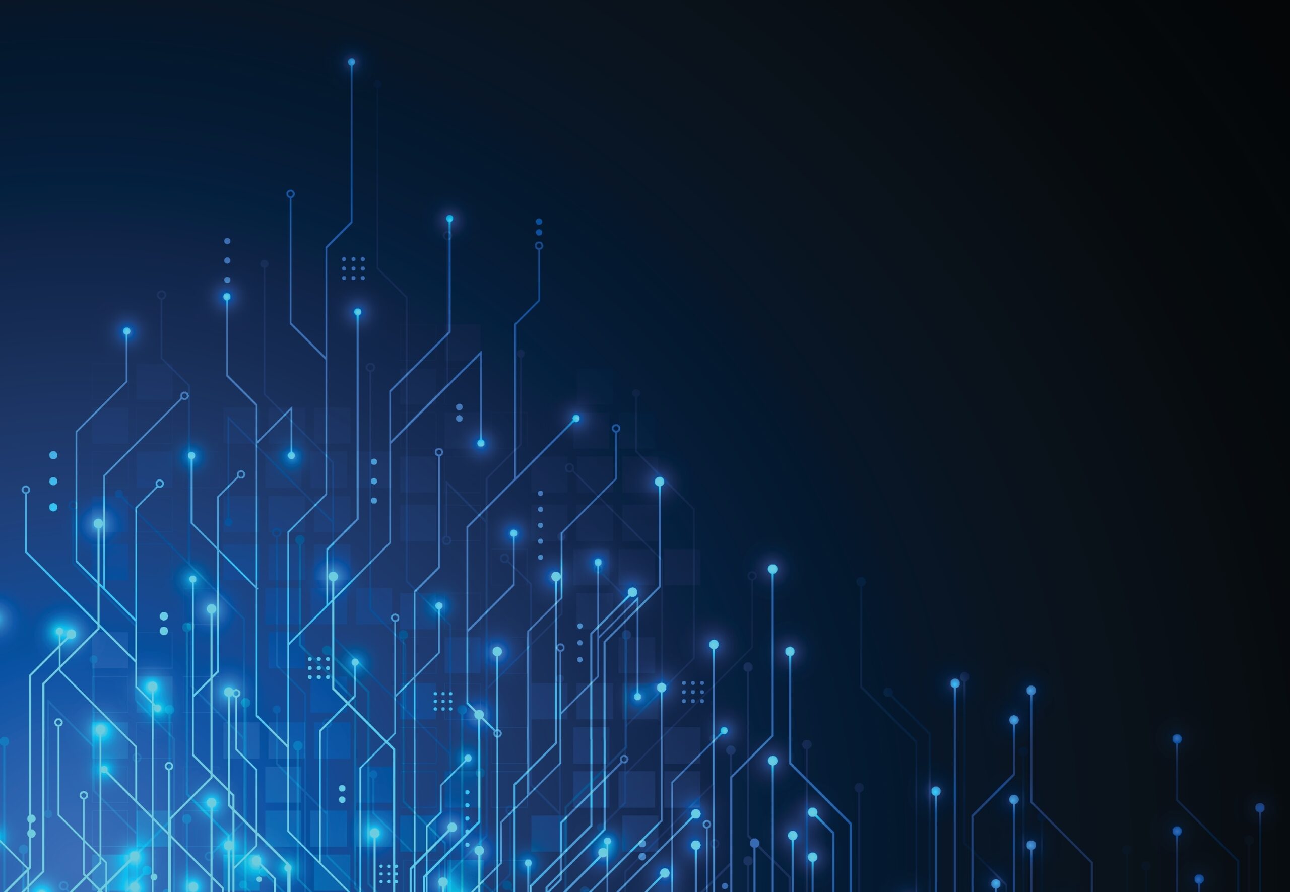 Abstract image of glowing blue circuit lines and dots on a dark background, evoking robotics in automotive manufacturing, with a networked, electronic circuit board feel and a gradient effect fading into black on the right side.