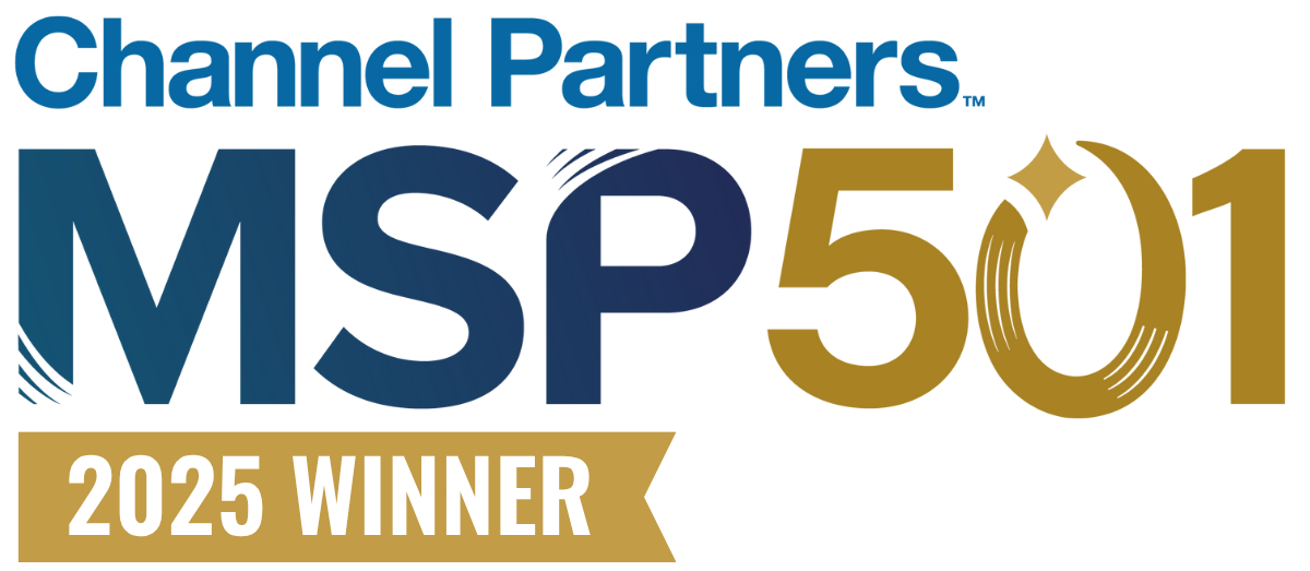 Logo reads Channel Partners MSP 501 with 2025 Winner in a gold banner below, indicating an award or recognition in the managed service providers sector.