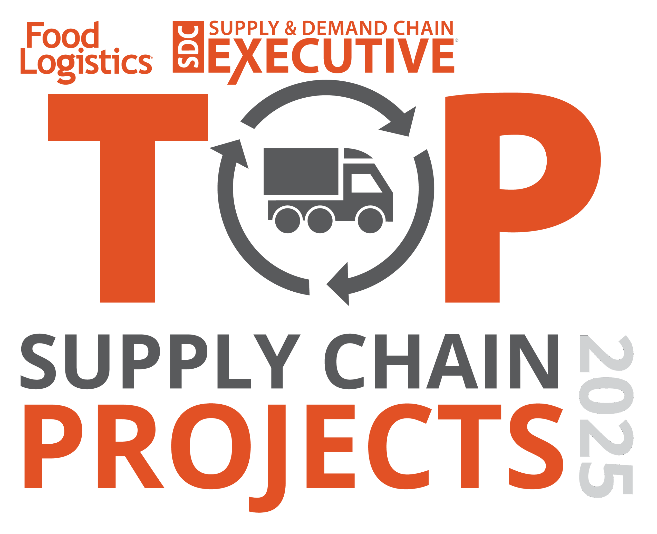 Food Logistics and Supply & Demand Chain Executive Top Supply Chain Projects 2025 logo, featuring a truck icon inside a circular arrow with bold orange and gray text.
