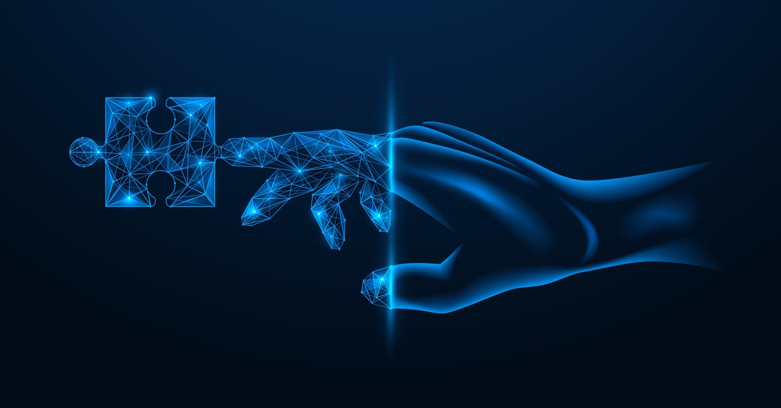 A glowing, digital hand made of blue polygonal lines—symbolizing Autonomous Mobile Robots—reaches out to touch a realistic blue hand, with a puzzle piece at the fingertip, set against a dark background.