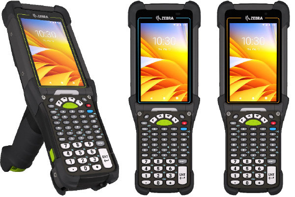 Three rugged handheld barcode scanners with physical keypads and touchscreens, branded with the Zebra logo, are shown. One device is angled with a pistol grip, while the other two are upright, displaying a yellow screen.