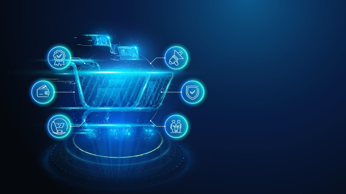 A glowing digital shopping cart surrounded by icons representing online shopping, supply chain optimisation, secure payment, customer support, promotions, delivery, and user groups on a blue gradient background.