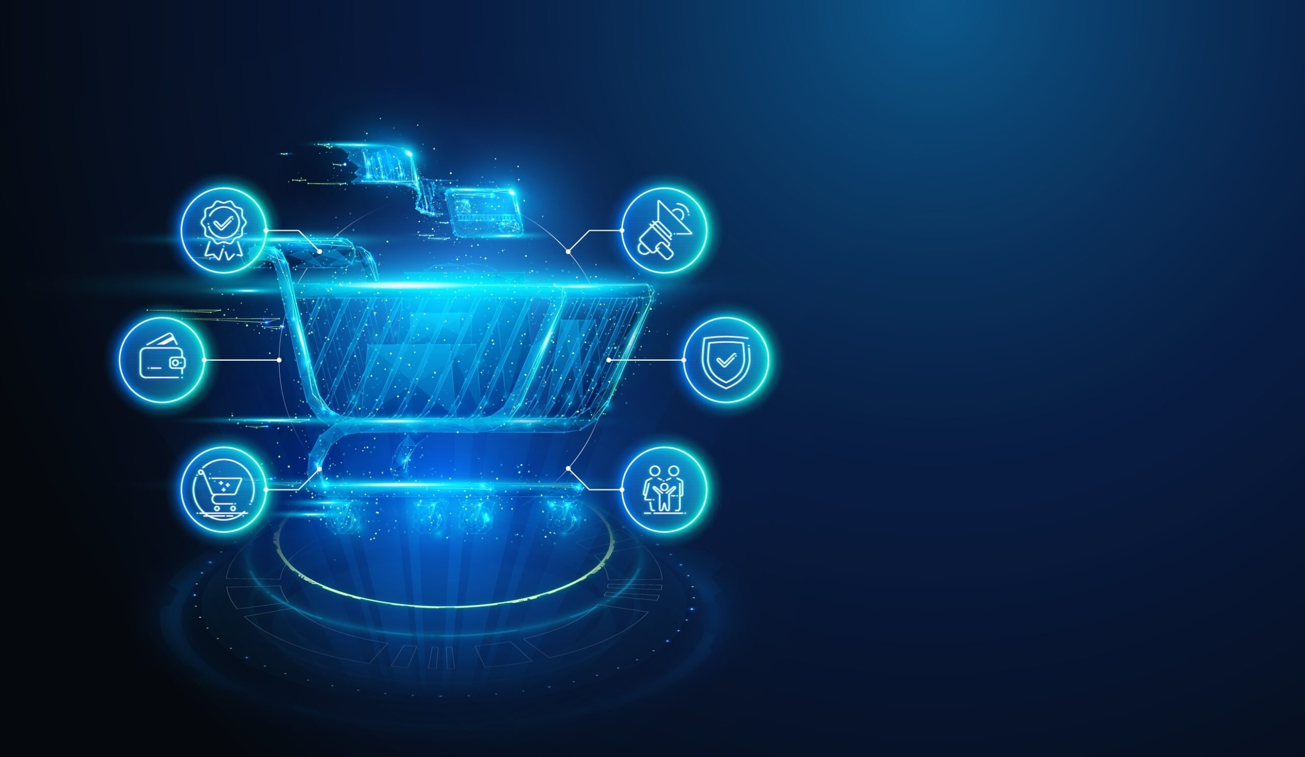 A glowing digital shopping cart surrounded by icons representing online shopping, supply chain optimisation, secure payment, customer support, promotions, delivery, and user groups on a blue gradient background.