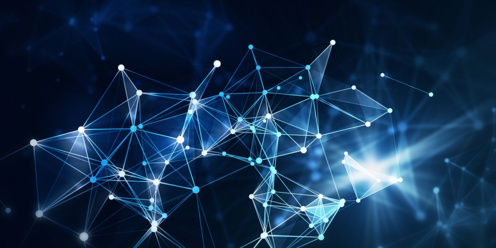 Abstract digital network with interconnected glowing blue and white points and lines on a dark background, resembling a visualization of data, neural networks, or technology connections—perfect for illustrating innovative supply chain strategy concepts.