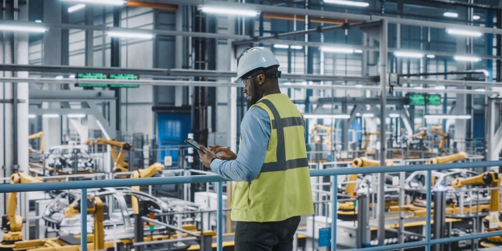 African,American,Car,Factory,Engineer,In,High,Visibility,Vest,Using