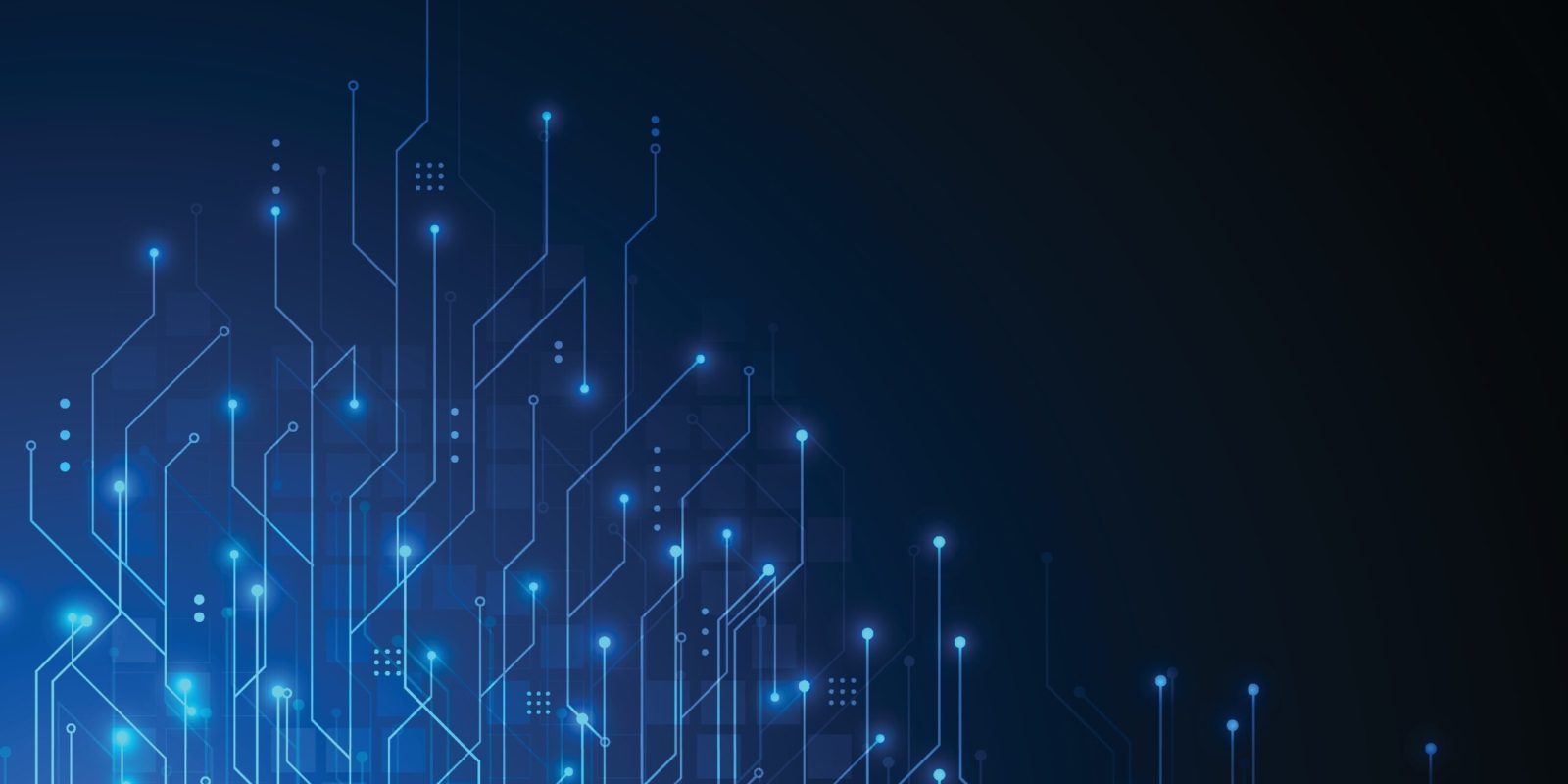 Abstract image of glowing blue circuit lines and dots on a dark background, evoking robotics in automotive manufacturing, with a networked, electronic circuit board feel and a gradient effect fading into black on the right side.