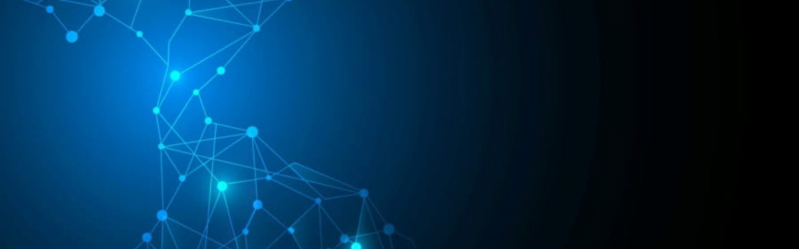 Abstract blue background with glowing interconnected dots and lines forming a digital network pattern on the left, symbolizing an Implementation Readiness Assessment, fading into a dark gradient on the right.