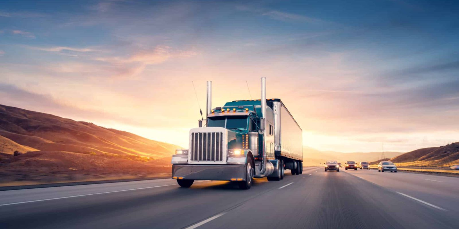 American,Style,Truck,On,Freeway,Pulling,Load.,Transportation,Theme.,Road