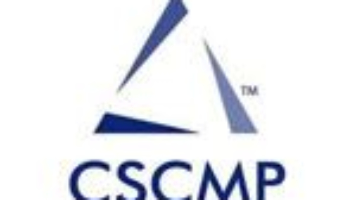 The image shows the CSCMP logo, featuring three blue triangular shapes forming an abstract triangle above the text CSCMP in bold blue letters on a white background.