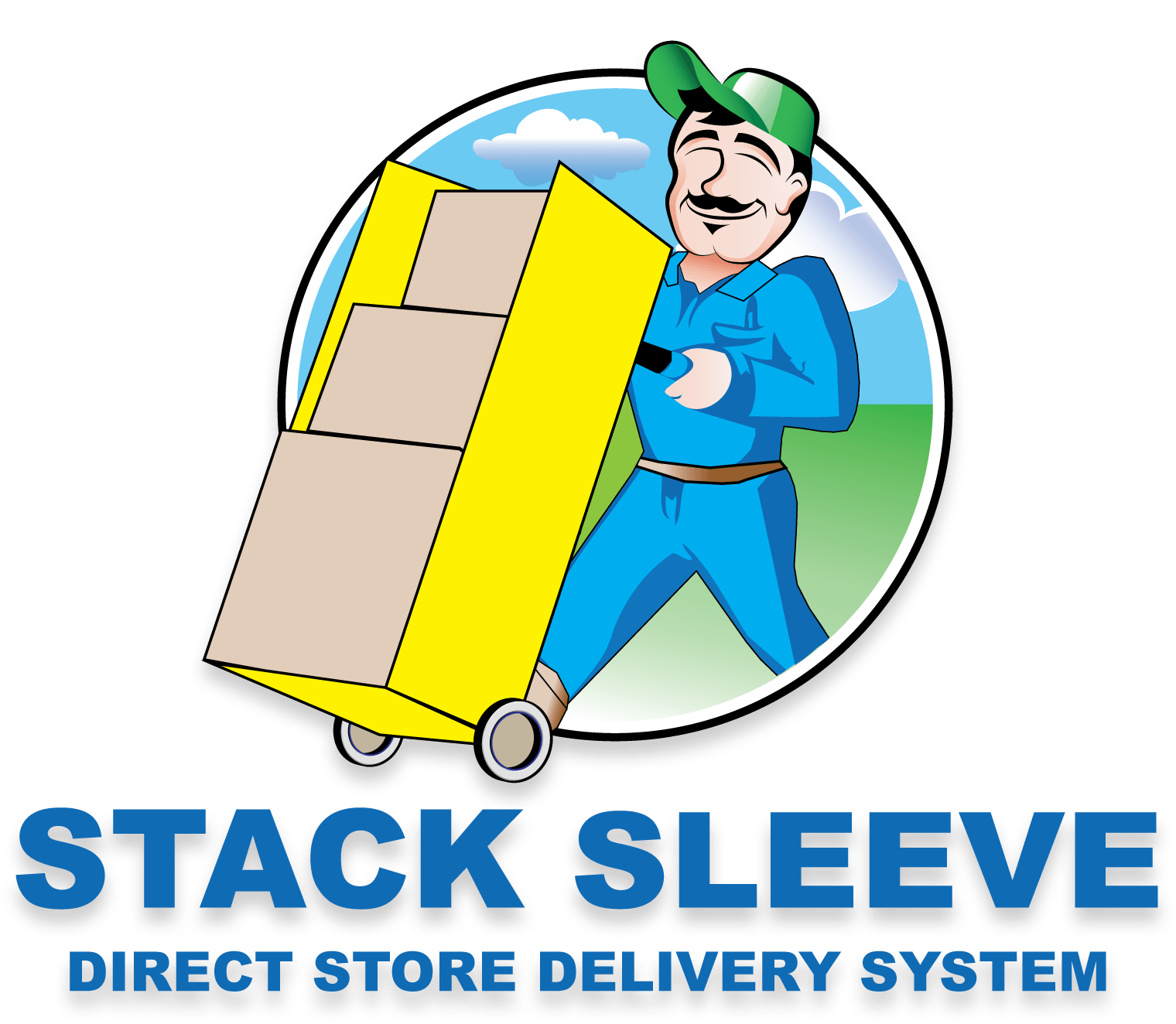 Stack_Sleeve_logo Cartoon delivery man in blue uniform and green cap smiling while pushing a yellow hand truck with stacked boxes. Text below reads STACK SLEEVE DIRECT STORE DELIVERY SYSTEM.