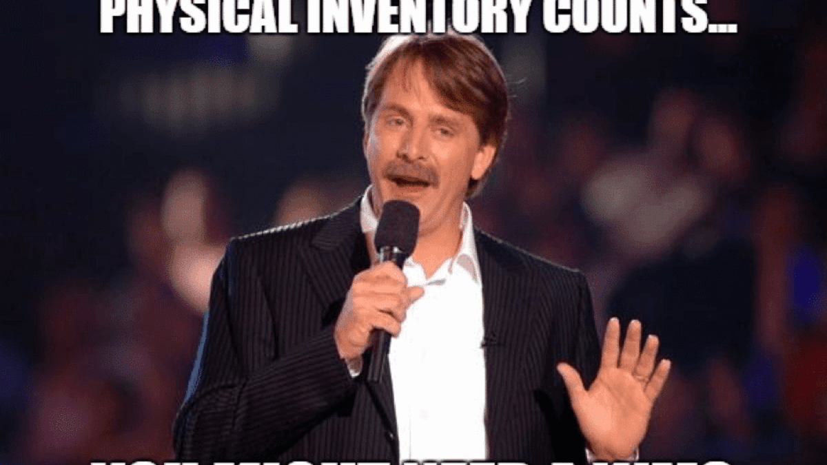 A man with a mustache speaks into a microphone. The caption reads: If you still conduct non-mandated physical inventory counts... you might need a WMS.