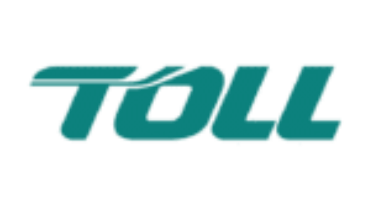 The image shows the green and white logo of TOLL, a logistics and transportation company, with bold, italicized letters and a stylized line running across the top of the letter T.