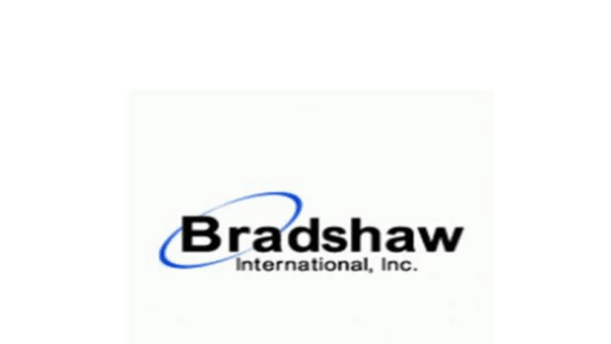 Logo for Bradshaw International, Inc. featuring the word Bradshaw in bold black font with a blue swoosh encircling the letter B and International, Inc. written underneath in smaller text.