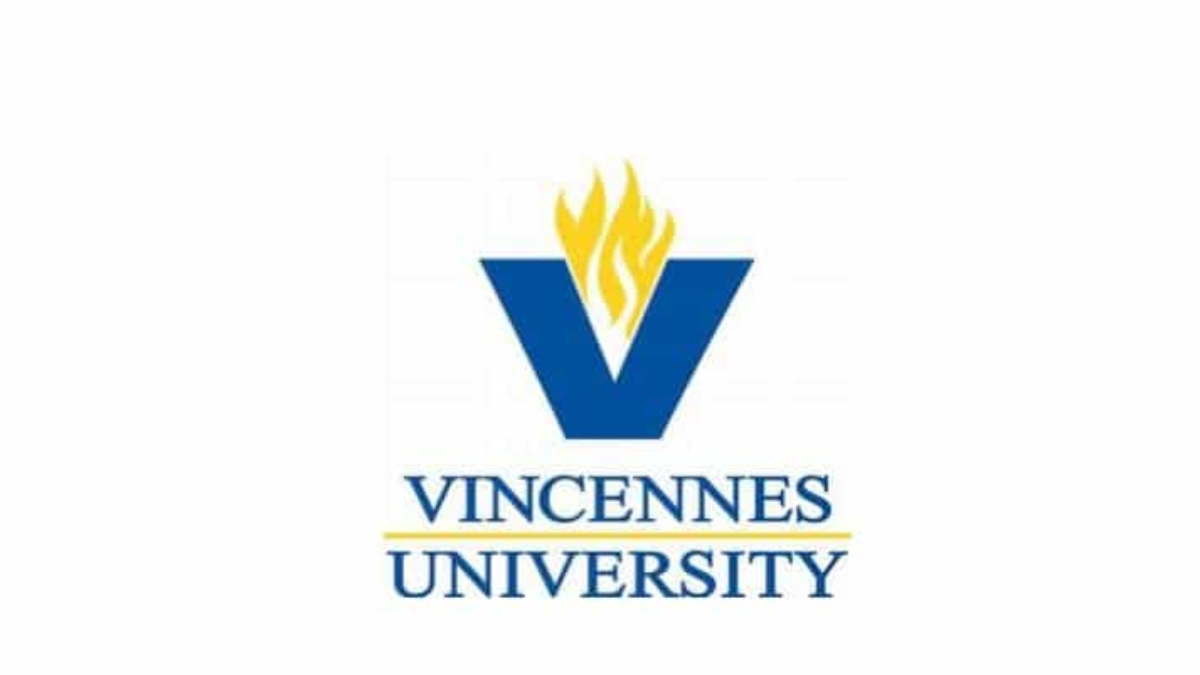 Logo of Vincennes University, featuring a large blue V with a yellow flame above it, and the university name VINCENNES UNIVERSITY in blue text below, separated by a yellow line.
