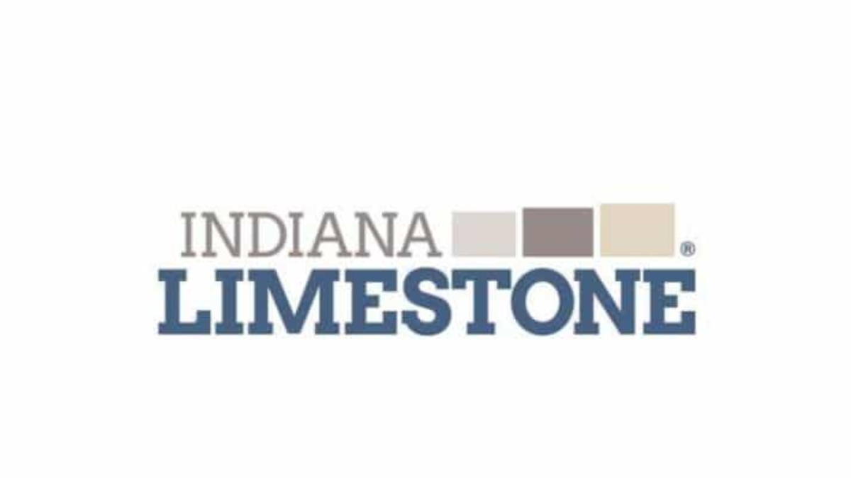 The Indiana Limestone logo features the words INDIANA LIMESTONE with INDIANA in gray above four stone-colored squares and LIMESTONE in bold blue letters below.