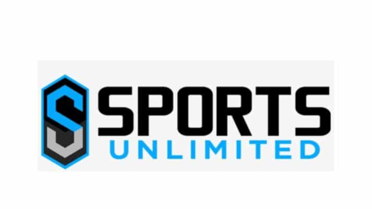 Logo for Sports Unlimited featuring a stylized blue and black S on the left, with SPORTS in bold black uppercase letters and UNLIMITED in light blue uppercase letters underneath.