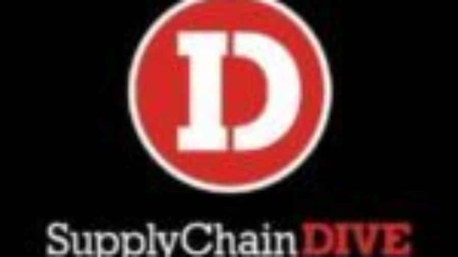 The image shows the Supply Chain Dive logo, featuring a large white letter D inside a red circle, with the words SupplyChainDIVE below in white and red text on a black background.