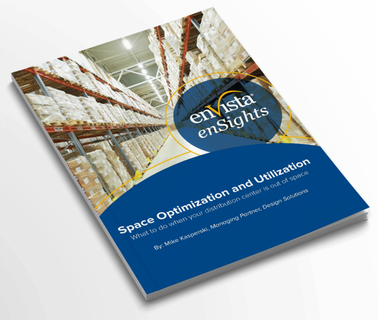 A magazine titled enVista enSights with a cover image of a warehouse filled with stacked pallets. The headline reads Space Optimization and Utilization with a subtitle about distribution center space solutions.