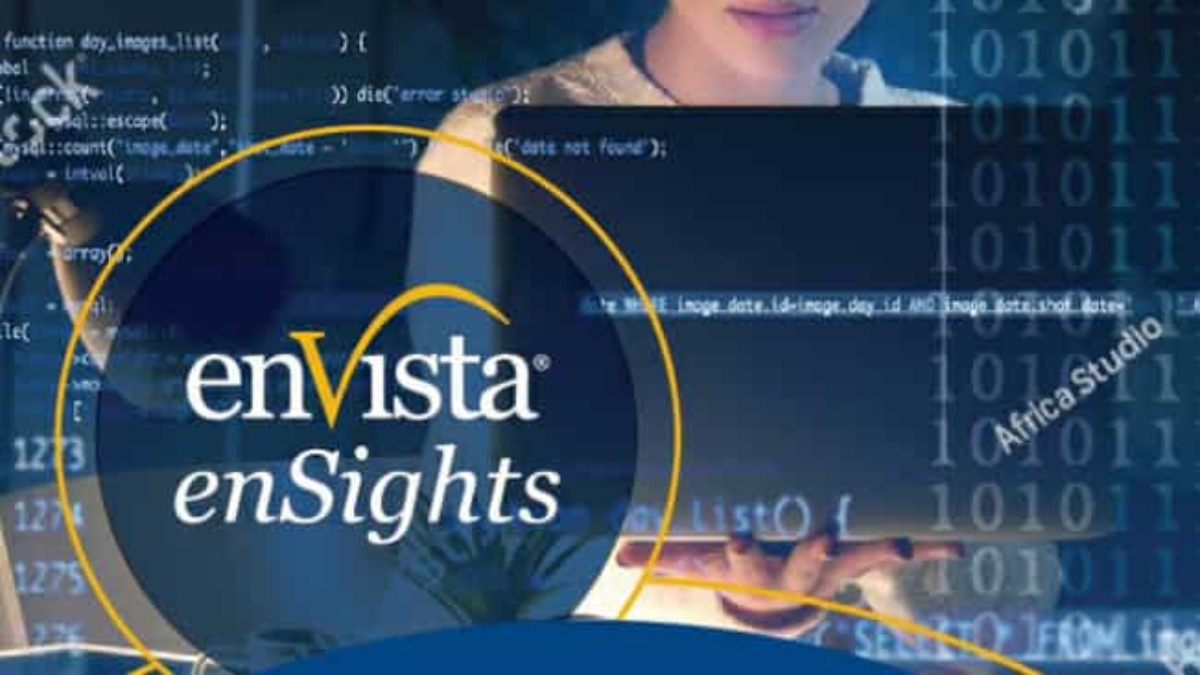 A person holds a laptop displaying code, overlaid with the enVista enSights logo. The background features binary numbers and digital elements, creating a tech-focused atmosphere.