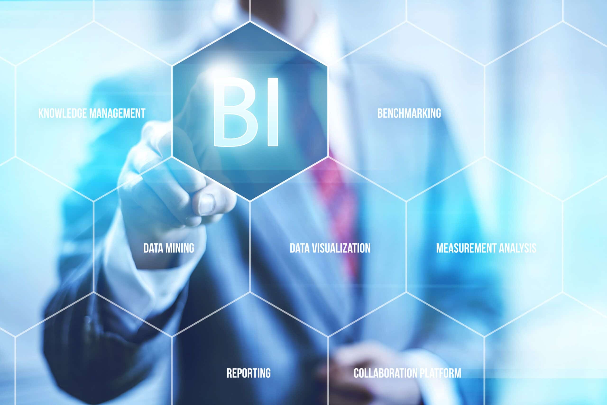 A person in a suit touches a transparent screen displaying hexagons labeled with business intelligence terms like “BI,” “data mining,” “reporting,” and “data visualization.” The background is blurred and professional.