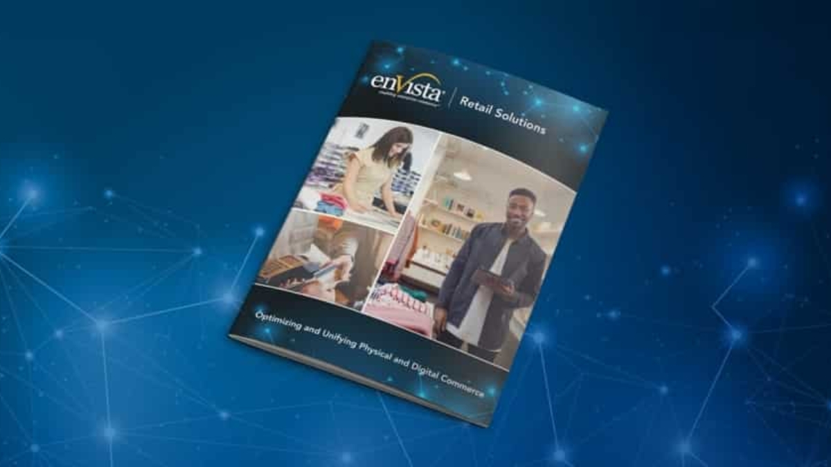 A brochure titled “enVista Retail Solutions” featuring images of people shopping and a man using a tablet, set against a blue, digital, network-themed background to showcase innovative retail solutions.