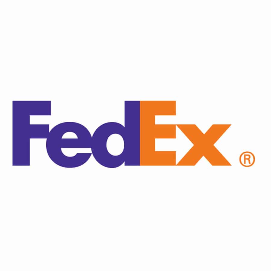 FedEx logo with Fed in purple and Ex in orange on a white background. The registered trademark symbol is displayed to the right of the text.