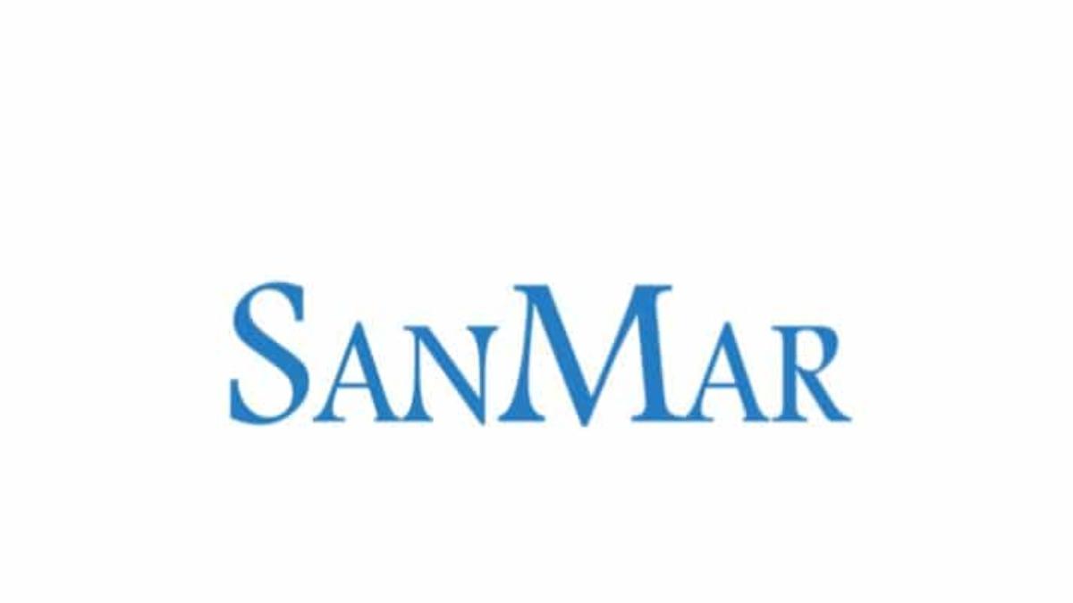 The image shows the word SanMar written in blue, uppercase serif font on a white background.