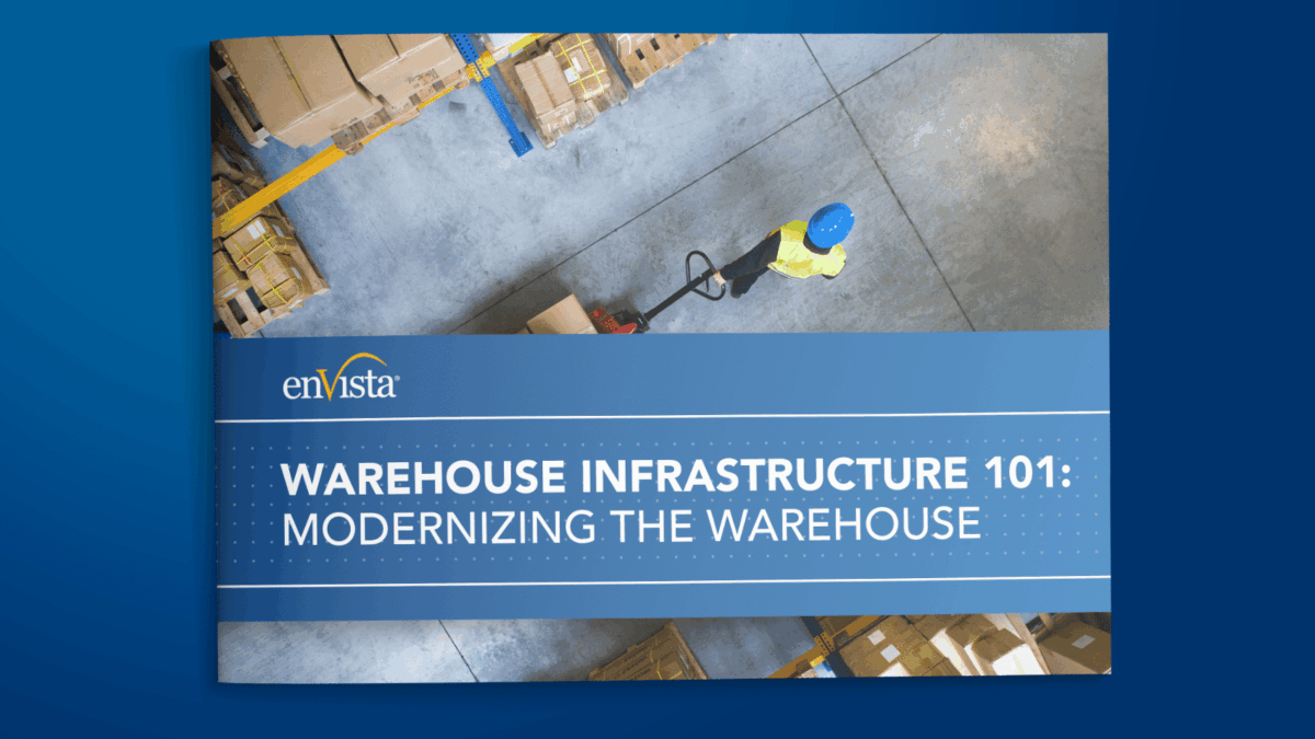 A booklet titled Warehouse Infrastructure 101: Modernizing the Warehouse with an overhead photo of a worker in a blue helmet moving boxes in a warehouse. The background is a gradient blue.