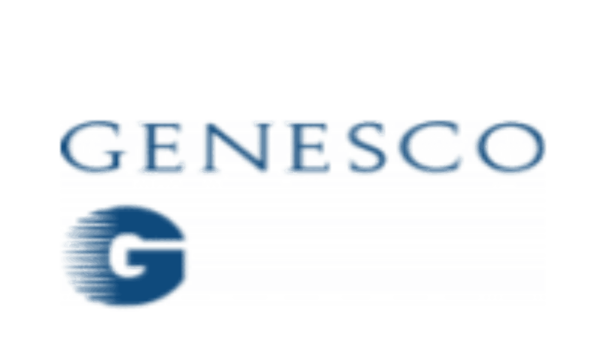 Genesco logo with the word GENESCO in blue capital letters above a stylized blue G inside a partial blue circle with horizontal lines on a white background.