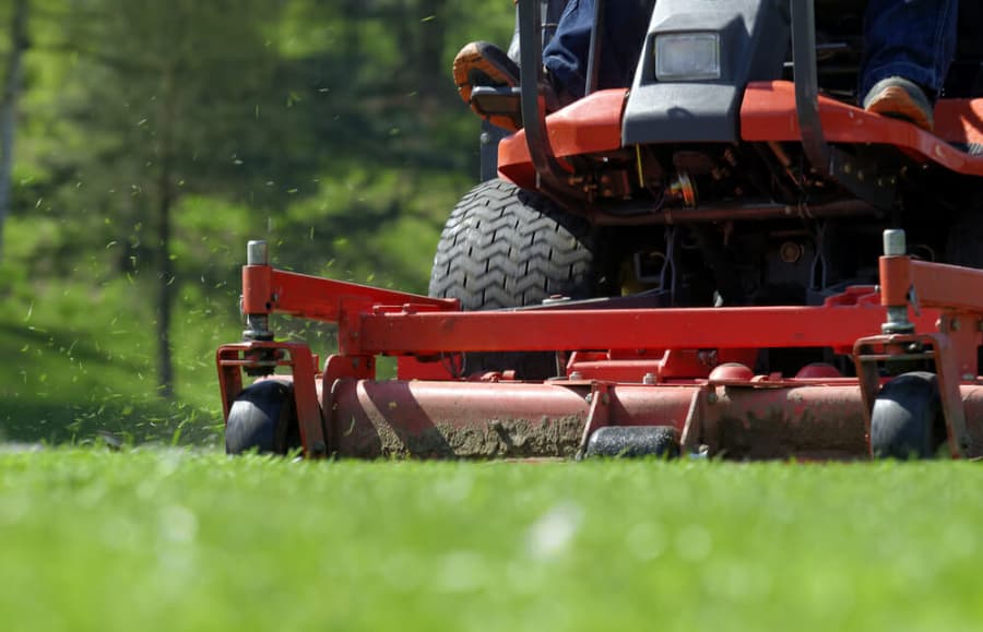 Close-up view of a person riding a red lawn mower, cutting green grass with grass clippings flying, and a blurred, lush background.