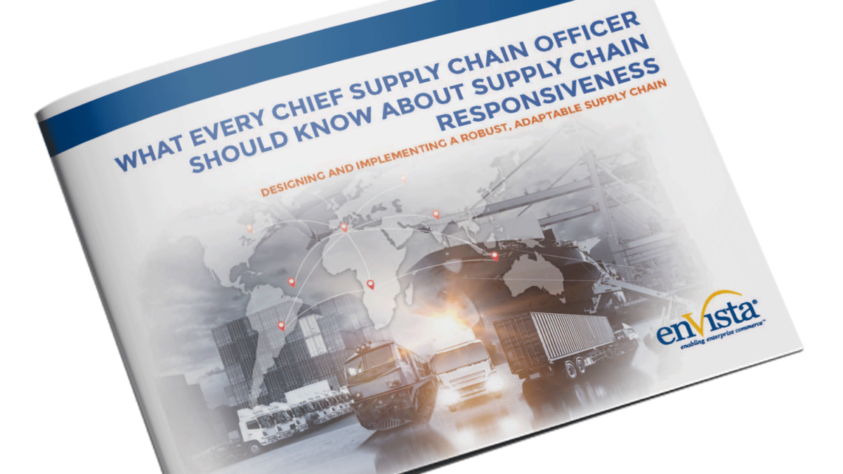 A white paper booklet titled What Every Chief Supply Chain Officer Should Know About Supply Chain Responsiveness with images of ships, trucks, planes, and a world map on the cover.