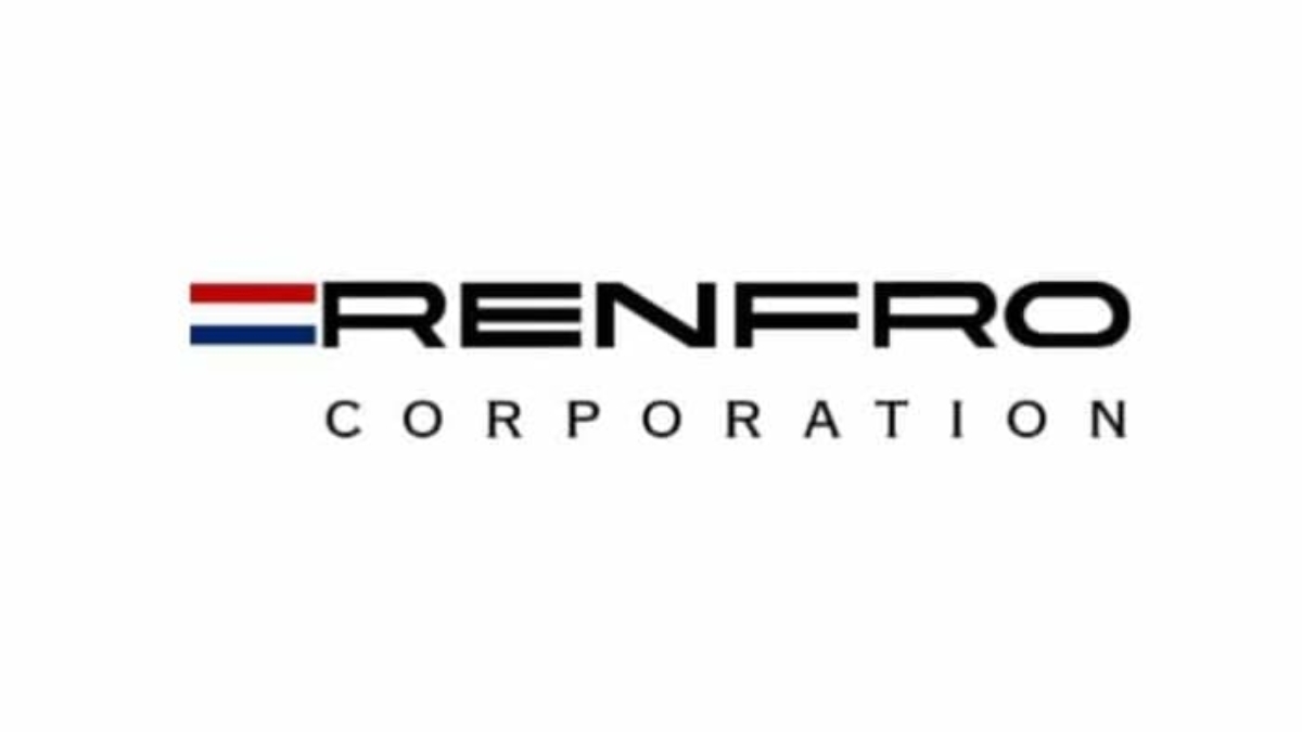 The image shows the Renfro Corporation logo. The word Renfro is in bold black letters, with a small red, white, and blue horizontal stripe before the “R.” The word Corporation appears below in spaced black letters.