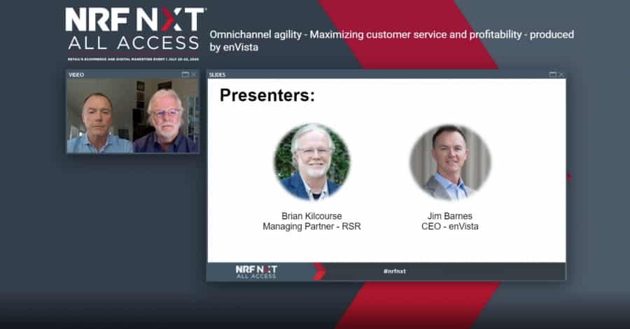 A webinar slide titled “Presenters” shows photos of Brian Kilcourse, Managing Partner at RSR, and Jim Barnes, CEO at enVista. Two speakers appear in small video windows on the left. Webinar branding is visible at the top and bottom.